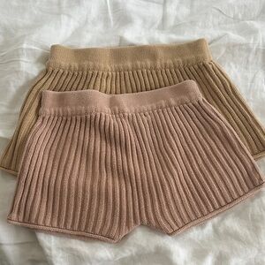 Ribbed Knit Shorts Set in Tan and Pink